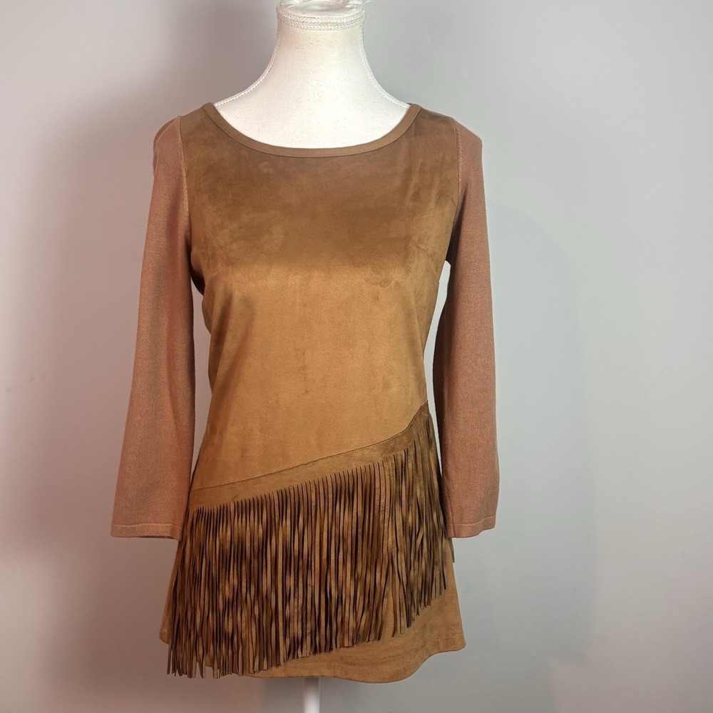 INC Womens Brown Faux Suede Fringe Tunic Top sz XS 70's Hippie Bohemian Festival